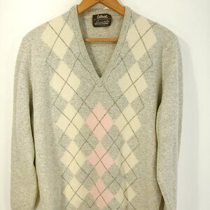 Vtg Cox Moore Pullover Sweater Mens XL Gray Pink Argyle V Neck Leonards Limerick